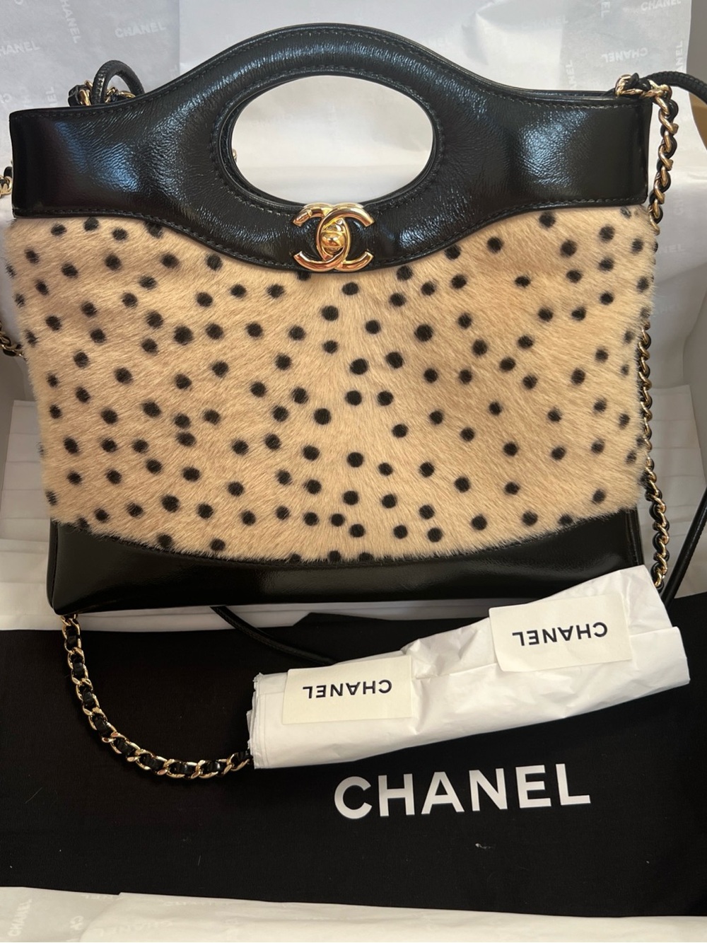 🐆 New 26A CHANEL Pony Hair Animal Print Black Mini 31 Bag Handbag Gold CC - Picture 2 of 12